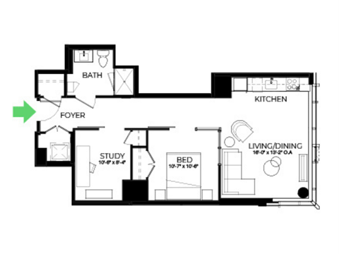 Floor plan for studio, 1 bath, 776 sqft